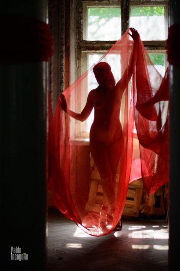Silhouette of a naked woman under a red transparent cloth