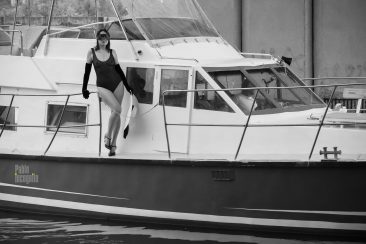 Nude photo shoot on a boat, black and white