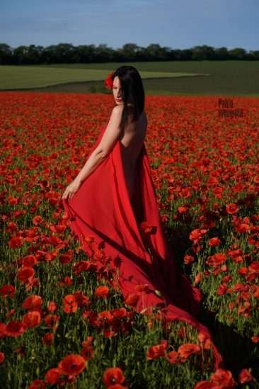 Nude photo shoot with red fabric in a field of poppies