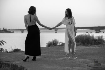 Glamorous photo session of two girlfriends, black and white