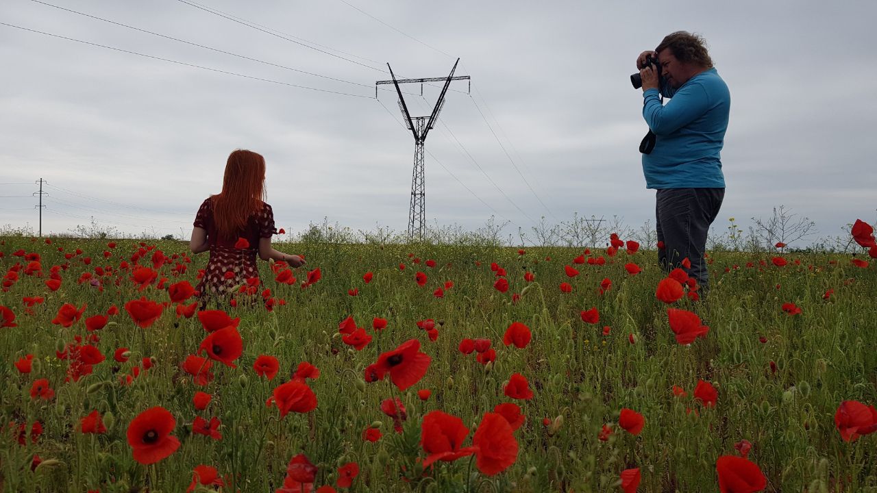 Photo backstage from the Pablo Incognito session in the poppy field
