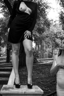 Glamorous photo session of two girls in the nude park