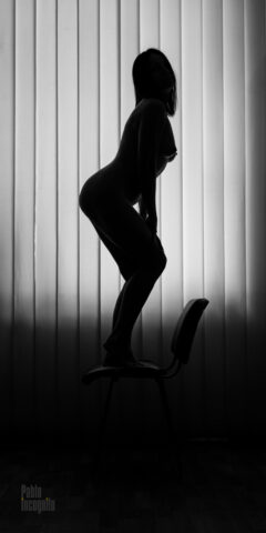 Silhouette of a nude woman on the background of nude blinds
