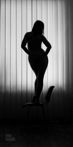 Silhouette of a naked girl on the background of the window. Pablo Incognito