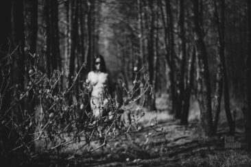 Art nude black and white photo in a dark forest