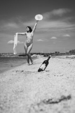 Nudist on the beach black and white nude photoshoot