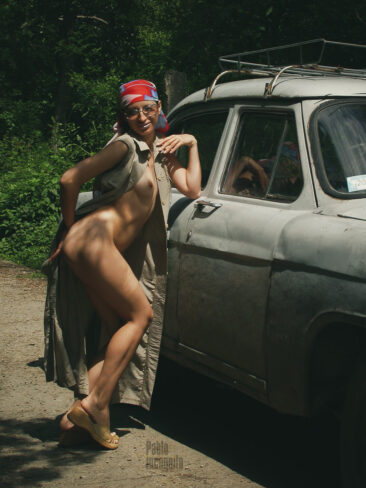 Nude girl and retro car, nude