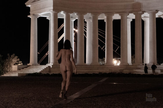 Naked model walked at night in the city of Odessa