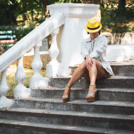 New model Iren Adler poses on the steps in the park. Photo by Pablo Incognito