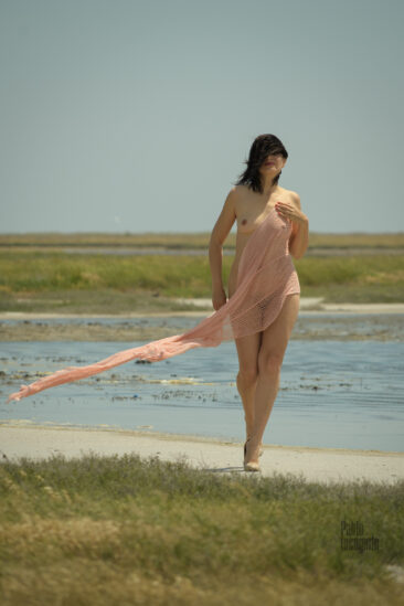 Nude beauty covered with a cloth photo by the lake