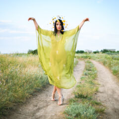 Beautiful witch in a transparent dress on Ivan Kupala, nude photo