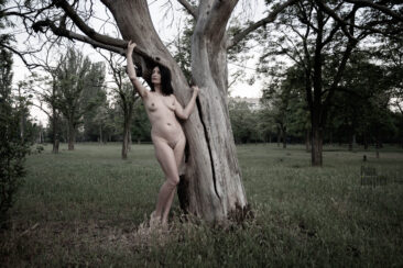 Nude woman near a tree with a beautiful haircut in a bikini area ero