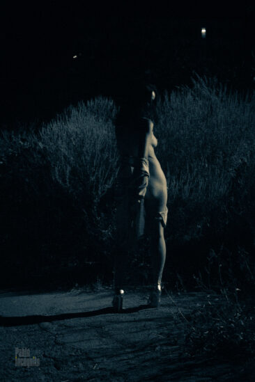 Black and white nude photo shoot in the park at night